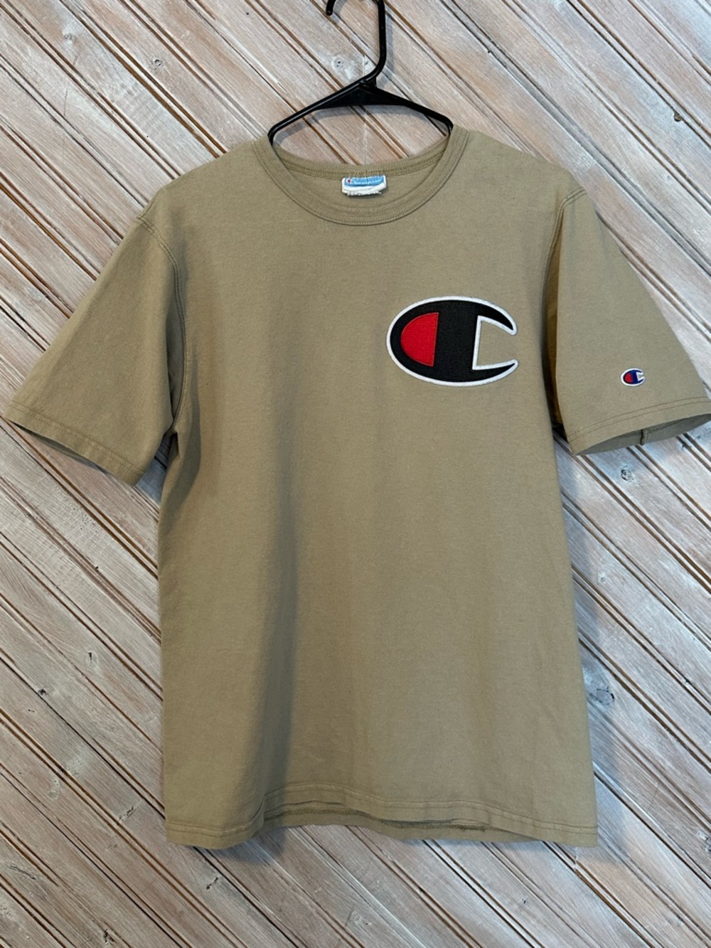 Champion Tan Beige Embroidered Patch Crewneck Tee with Red & Black Logo